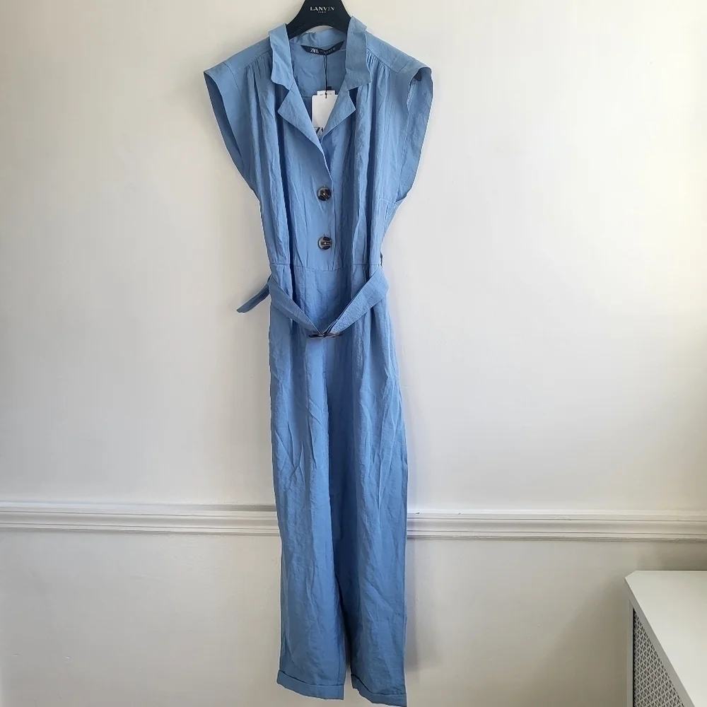 New Zara Soft Belted Blue Jumpsuit NWT Size Small